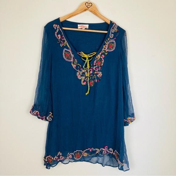 Antica Sartoria blue semi sheer embellished tie front tunic. Size small - Picture 1 of 9